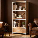 Natural Vertical Freestanding Display Shelf with 4 Open Cubbies & Pull‑Out Drawer, Heavy‑Duty Engineered Wood Metal Frame Storage Organizer for Small Spaces - Image 4