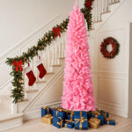 7.5 FT Hinged Christmas Tree, Artificial Pencil Christmas Tree, Unlit Artificial Christmas Pine Tree with 1075 Branch Tips and Sturdy Stand, Pink - Image 2