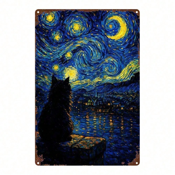 CIFbuy 1pc Starry Night Cat Metal Sign 8x12 Inch, Vintage Aesthetic Wall Plaque, Sturdy 2D Flat Decor For Bedroom Kitchen Bar Restauran TikTok, TikTok, Self-pickup Logiopics