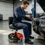 Adjustable Rolling Mechanic Stool with Backrest & Removable Tool Tray, 360° Swivel Lockable Wheels Heavy Duty 330 LBS Capacity Gas Lift Workshop Repair Seat Black Red - Image 11