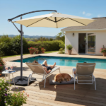 10FT Round Offset Patio Umbrella, Banana Hanging Cantilever Umbrella with 60° Adjustable Angle, Crank System, Cross Base & Pole Sleeve, UPF 50+ Waterproof Polyester Canopy, 6 Iron Ribs for Garden Deck Backyard, Khaki - Image 26