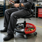 Adjustable Rolling Mechanic Stool with Backrest & Removable Tool Tray, 360° Swivel Lockable Wheels Heavy Duty 330 LBS Capacity Gas Lift Workshop Repair Seat Black Red - Image 4