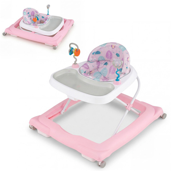 Pink Foldable Baby Walker with Detachable Tray & Shape Sorter Toys, 3-Level Height Adjustable for 6-12 Months