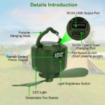 3-in-1 Camping Fan with LED Lantern, Portable Hanging Tent Fan 3 Speed Wind, Timer Function & Power Bank, Low Noise Rechargeable Fan with Remote Control for Outdoor Camping Fishing RV--5200mAh - Image 10