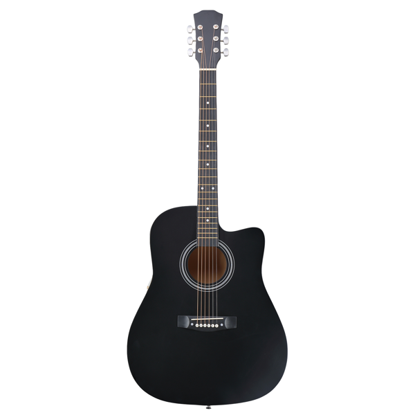 Matte black 41-inch Dreadnought barrel-shaped cutaway acoustic guitar with pick, strings, capo, gig bag, tuner, wrench tool, and shoulder strap