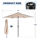 9ft Patio Umbrella, Outdoor Market Umbrella with Push Button Tilt, Crank Handle, 6 Sturdy Iron Ribs, UPF 50+ Waterproof Solution-Dyed Polyester Canopy, for Garden, Deck, Backyard, Poolside, Beige - Image 15