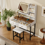 Makeup Vanity with LED Lighted Mirror, 360° Rotatable Mirror, Vanity Desk with 2 Drawers,Power Outlet and 3-Tier Shelves, Amber Glass Table Top, Dressing Table with Sturdy Metal Leg and Stool, White - Image 11