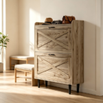 2-Drawer Barn Door Shoe Cabinet with Side Panel Countertop Melamine Board Embossed MDF Shoe Cabinet 31.61*9.45*39.37in Grey Oak - Image 10
