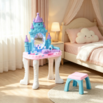 Multicolor Girls Vanity Set – Castle Design Makeup Table with Mirror, Stool, Light, Music for 3-6 Years Old