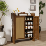 42.5" Tall Rattan Shoe Cabinet with Doors, 6-Tier Wooden Freestanding Shoe Storage Organizer with Adjustable Shelves, Mid-Century Entryway Shoe Cabinet for Hallway & Living Room--Walnut - Image 13