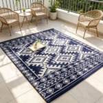 8' x 10' Waterproof Reversible Outdoor Rug: Blue White Rhombus Border Plastic Straw Rug with Carry Bag - Image 6