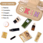 Portable Chenille Letter Clear Preppy Makeup Zipper Bag Waterproof Foldable Organizer Travel Storage Purse For Vacation Travel, Bathroom-Khaki - Image 3