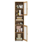 67" Tall Slim Bathroom Storage Cabinet with Fluted Doors, Adjustable Shelf Freestanding Narrow Organizer - Natural - Image 3