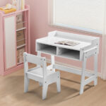 White Kids Study Desk and Chair Set with Storage, MDF, 60.5*41.5*50cm