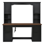 Farmhouse Arched Computer Desk with Hutch, Mid-Century Walnut Home Office Workstation with Charging Station & Keyboard Tray, All-in-One Writing Desk with File Drawer for Study, Office, Black - Image 6