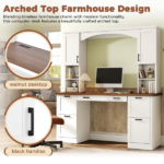 Farmhouse Arched Computer Desk with Hutch, Mid-Century Walnut Home Office Workstation with Charging Station & Keyboard Tray, All-in-One Writing Desk with File Drawer for Study, Office, White - Image 14