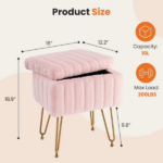 Square Ottoman with Storage, Makeup Cute Soft Small Footstool, Modern Style Faux Fur Seat with 4 Metal Legs & Adjustable Feet for Dressing, Living Room Bedroom Dorm, Pink - Image 3