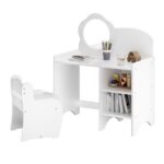 Kids Vanity Table with Mirror and Chair, Wooden Children's Dressing Makeup Desk with Storage Shelves, Study and Activity Table for Girls and Boys, Playroom Bedroom Furniture - White - Image 17