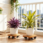 Set of 2 Natural Finish Wooden Plant Pot Mover, Portable Round Plant Stand with 4 Wheels, Sturdy Planter Caddy for Patio Garden Home Decor - Image 4