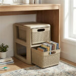 2-Drawer PP Storage Organizer Wicker Style Narrow Cabinet for Home Office - Image 2