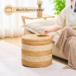 Handmade Woven Foot Stool Natural Water Hyacinth Ottoman for Home Decor & Seating White - Image 6