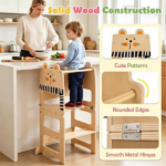 3-in-1 Convertible Toddler Learning Tower Step Stool with Chalkboard, Poplar Wood Flip Design Weaning Table Stool Set Anti-Tip Safety Guardrail 110 LBS Load for Kids 18+ Months Cat Pattern - Image 8