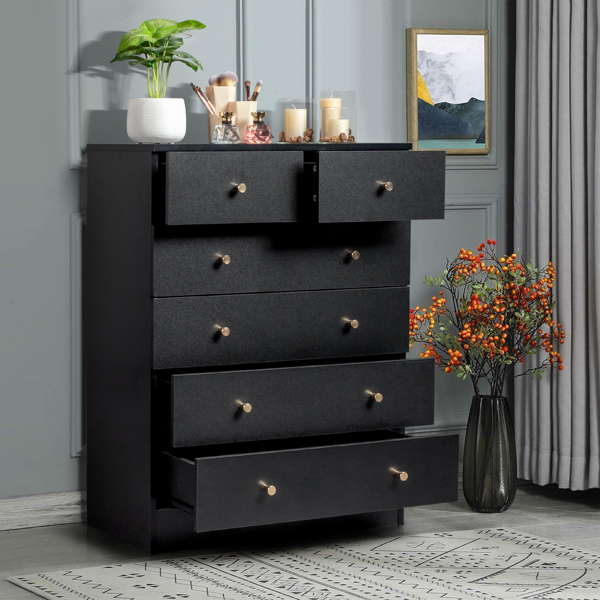 5-Tier 6-Drawer Dresser with Matte Gold Handles Particleboard + Textured Melamine Storage Cabinet 25.98*12.99*35.04in Black