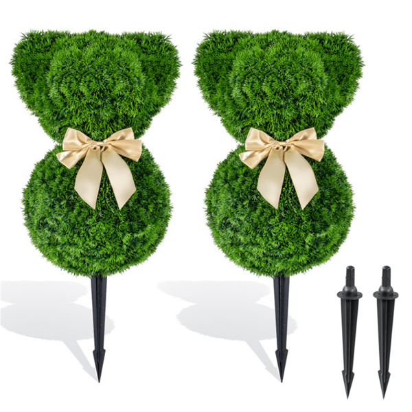2 Pack Whimsical Bear Topiary Trees Artificial Boxwood Greenery with Golden Bows for Indoor Outdoor Spring Decor