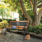 49" Garden Bench Patio Porch Chair Deck Hardwood Cast Iron Love Seat Weave Style Back - Image 10
