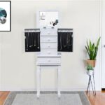 Standing Jewelry Armoire with Mirror, 5 Drawers & 14 Necklace Hooks, Jewelry Cabinet Chest with Removable Ring Storage Slot and Top Storage Organizer , 2 Side Swing Doors(White) - Image 14
