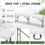 6 ft Portable Folding Bench, HDPE Plastic Indoor Outdoor Seat with Steel Frame, White, 1 Pack - Image 4