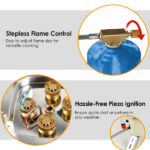 13KW Stepless Adjustable Camping Gas Stove Windproof 5 Burner Head Copper Preheating Tube, Piezo Ignition Compatible with Butane Propane ISO Canister Foldable Design with 33.5in Hose Storage Bag - Image 9