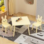 Kids Table and Chair Set with 2 Bunny Chairs, Children's Wooden Activity Table for Toddlers, Cute Animal Design Study Play Set for Playroom, Bedroom, Classroom - Cream Yellow - Image 6
