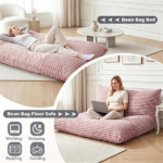 Pink Convertible Corduroy Bean Bag Floor Sofa for Adults, 76.5x55 Inch Sponge Filling Foldable Floor Mattress Guest Bed, Removable Washable Cover Large Lazy Lounger - Image 6