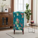 Modern Accent Chair with Retro Wood Legs, Comfy Upholstered Armchair, Floral Design Single Sofa Chair for Living Room Bedroom Office - Floral Cyan - Image 21