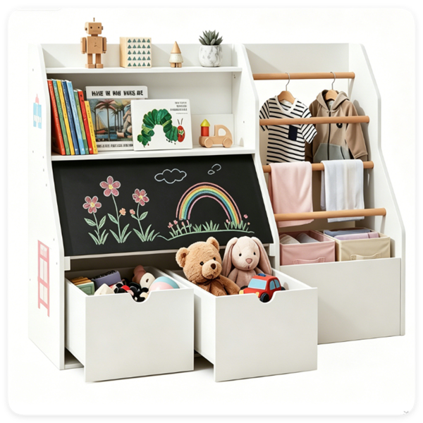Kids Toy Storage Organizer with Flip Chalkboard, Rolling Drawers & Hanging Rods, Rounded Edge Toddler Bookshelf Engineered Wood Playroom Cabinet for Children 3+ Years Old