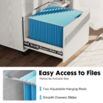 3-Drawer File Cabinet with Wheels, Rolling Wood Printer Stand with Open Storage Shelves for Home Office, White - Image 5