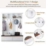 Farmhouse 4-in-1 Hall Tree with Wood Grain Bench, Mudroom Versatile Coat Rack with 2 Large Drawer, Entrance Organizer for Hallway, Living Room, White, 55.9"W - Image 5