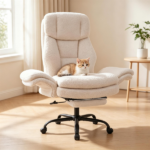5-Level Flip-Up Armrest Ergonomic Office Chair with Retractable Footrest, Teddy Fleece Reclining Gaming Chair 90°-135° Adjustable Backrest SGS Gas Lift Heavy Duty 551 LBS Capacity White Desk Chair - Image 6
