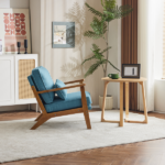 Mid-Century Oak Accent Chair - Linen-Cotton Navy Blue Upholstered Single Lounge Chair, Indoor Armchair with Sturdy Wood Frame (330LBS Weight Capacity) - Image 12