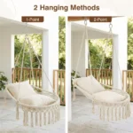 Beige Boho Macrame Hanging Swing Chair with 2 Padded Cushions, 330LBS Capacity Hammock Chair for Indoor Outdoor Bedroom Patio Balcony - Image 2