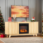 Oak Fireplace TV Stand with 18 Inch Insert, Double Grid Doors & Gold Handles, Embossed Board Media Console 58 x 13.6 x 25.4 Inch - Image 7