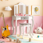 White Kids Vanity Set with Tri-Folding Acrylic Mirror & Drawer, 2-in-1 Convertible Design (3+ Ages)​ - Image 3
