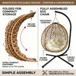 Foldable Hanging Egg Chair with Stand, HDPE Rattan Wicker Swing Chair with Cushion, Heavy Duty Frame 350 Lbs Capacity, Outdoor Patio Indoor Bedroom Balcony, Beige+Yellow - Image 8