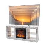 Silver Mirror Modern TV Stand with 18 Inch Fireplace Insert & Storage Shelves, Medium Density Fiberboard Fireplace TV Console for Living Room, 143 x 35 x 62 cm - Image 2