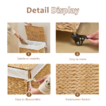 100L 2-Section Laundry Hamper with Lid and Wheels, Woven Natural Water Hyacinth Rolling Laundry Hamper - Image 4