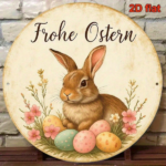 CIFbuy Vintage German Easter Bunny Metal Sign 8 Inch Round Aluminum Plaque, Fröhliche Ostern Spring Pastel Eggs Foliage Wall Decor For TikTok, TikTok, Self-pickup Logiopics - Image 2