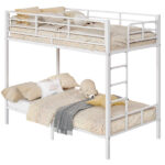 White Twin Bunk Bed Square Tube High Guardrail Side Ladder Opening Iron Bed - Image 6