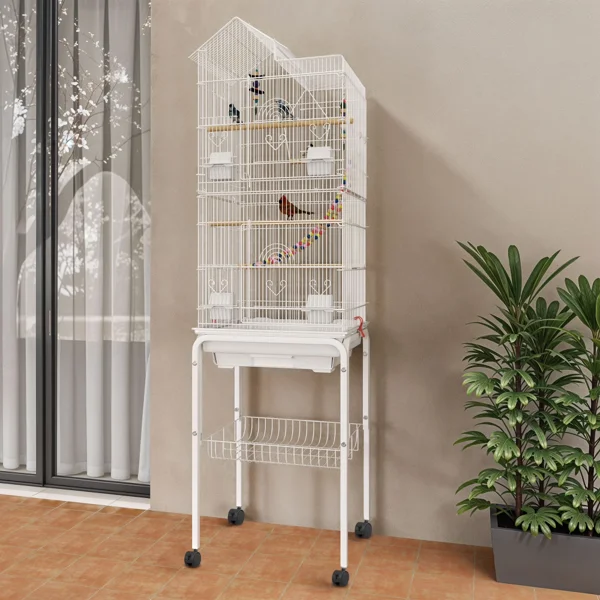 62" Rolling Metal Birdcage with Rolling Stand and Castor Wheels, Large Parrot Cage with 3 Perches and 4 Feeders, Slide-Out Tray, White (Shipment from Walmart)