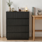Handleless Grille-Finished 4-Drawer Bedside Table P2 Particleboard + MDF & Melamine Veneer + Thermoformed Drawer Dresser 23.62*14.96*30.71in Black